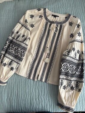 INC International Concepts Cotton Cream Cropped Jacket Navy Embroidery Medium